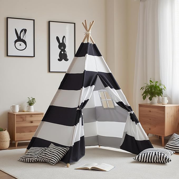 xiaowantong Teepee Tent for Kids with Carry Bag, Washable Playhouse for Indoor Use, Ideal Play Tent for Girls and Boys, Stripe Black