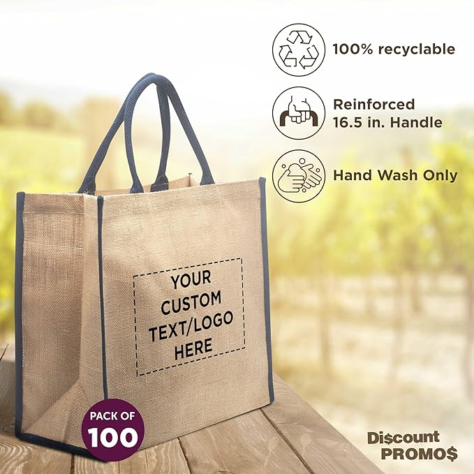 DISCOUNT PROMOS Custom Fresno Eco Friendly Jute Tote Bags Set of 100, Personalized Bulk Pack - Reusable, Great for Tradeshows, Grocery, Shopping and Outdoor Events - Blue
