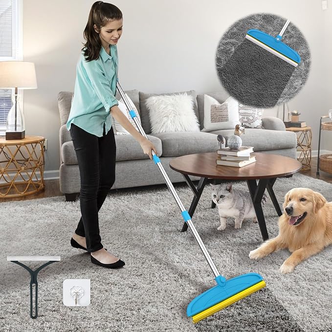WOSWOK Carpet Rake for Dog Hair Remover: 2 in 1 Reusable Pet Hair Remover – 60‘’ Adjustable Long Handle Carpet Removal Tool for Dog Cat Human Hair – Carpet Scrape Cleaning for Rug Couch Bed