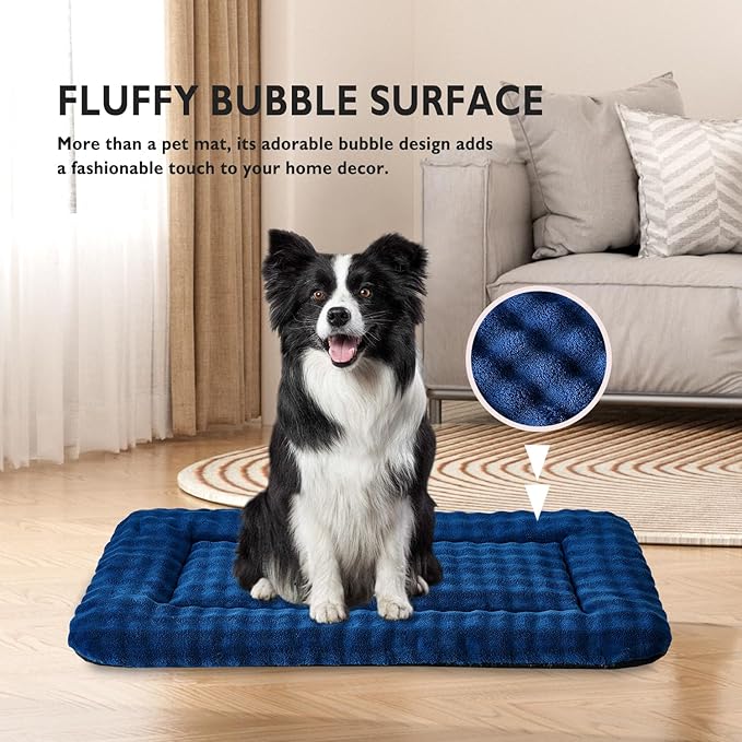 Yaning Dog Bed Mat Crate Pad for Large Dogs, Washable Soft Pet Sleeping Mat Kennel Pad with 3D Bubble Pattern, Navy Blue, 36"x 23"