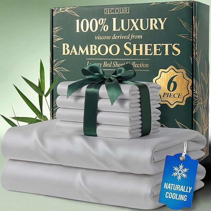 DECOLURE 100% Viscose Derived from Bamboo Sheets Queen Size - Luxury 6 Pc Naturally Cooling Sheets, Ultra Soft Bed Set - Deep 17" Pockets, Durable Double Stitching, Oeko Tex Standard (Light Grey)