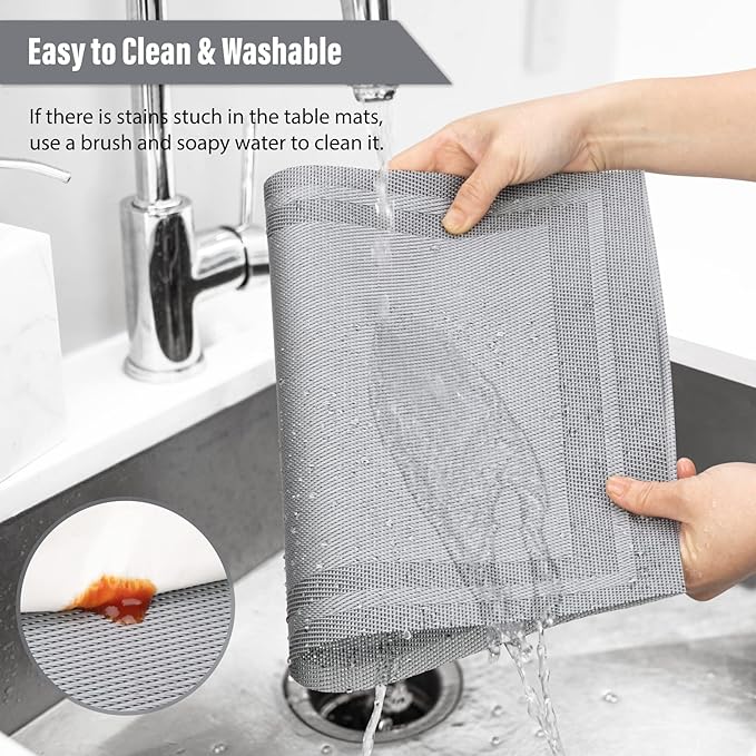 Winknowl Placemats Set of 8，Heat Resistant Woven Vinyl Washable PVC Place Mats，Non-Slip Stain Resistant Indoor/Outdoor Table Mats for Dining Table (Grey)