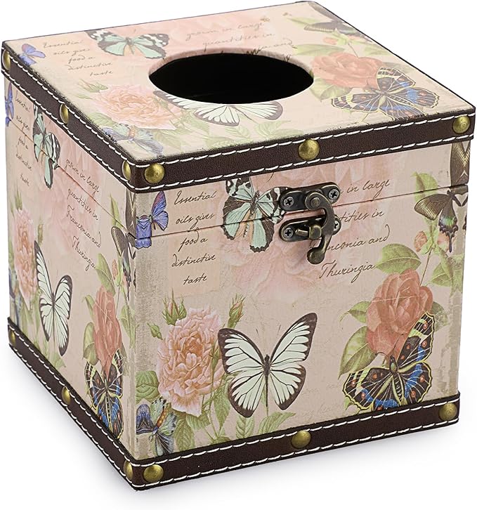 Sumnacon Tissue Box Retro Wood Square Tissue Box Cover Vintage Cube Tissue Box Holder,Decorative Tissue Holder for Bedroom Bathroom Toilet Table Desk Car Store Office Home Pink
