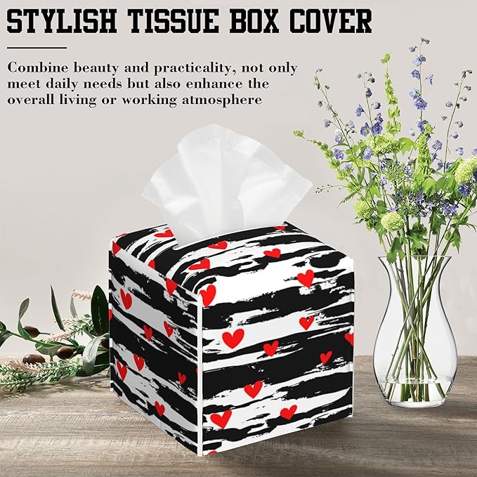 OHEGBXE Tissue Box Holder Red Hearts on Black Brush Stroke Square Leather Tissue Box Cover Modern Cube Facial Paper Cover Case for Bathroom Vanity Countertop Night Stands Tabletop