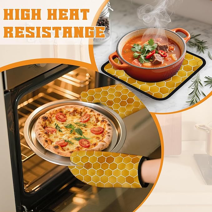 Honeycomb Oven Mitts and Pot Holders Set,Bee Kitchen Decor Heat Resistant Non Slip Hot Pads and Oven Mitt for Chef Cooking Baking BBQ Mom Girl Gifts(4 Piece Set)