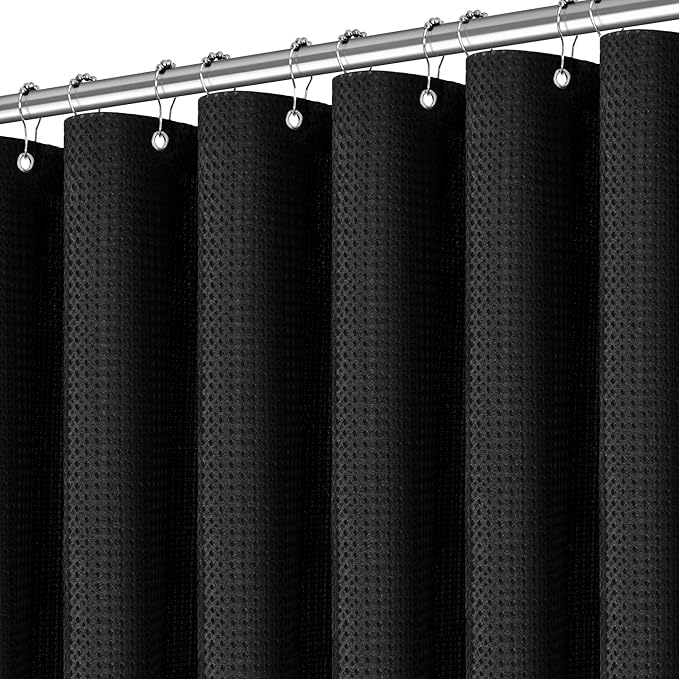 PANGSINNE Shower Curtain Black Waffle Textured, 256GSM Heavy Duty Weighted Fabric Shower Curtains, Hotel Quality Luxury Polyester Water Repellent Bathroom Curtain with 12 Hooks, 72Wx80H
