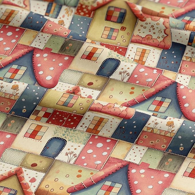 Cottage House Patchwork Cotton Fabric – Premium Turkish Printed Cotton 140 GSM, Pre-Cut 61 x 36.6 Inches, Quilting & Sewing Fabric for Crafts, Nursery Decor & DIY Projects