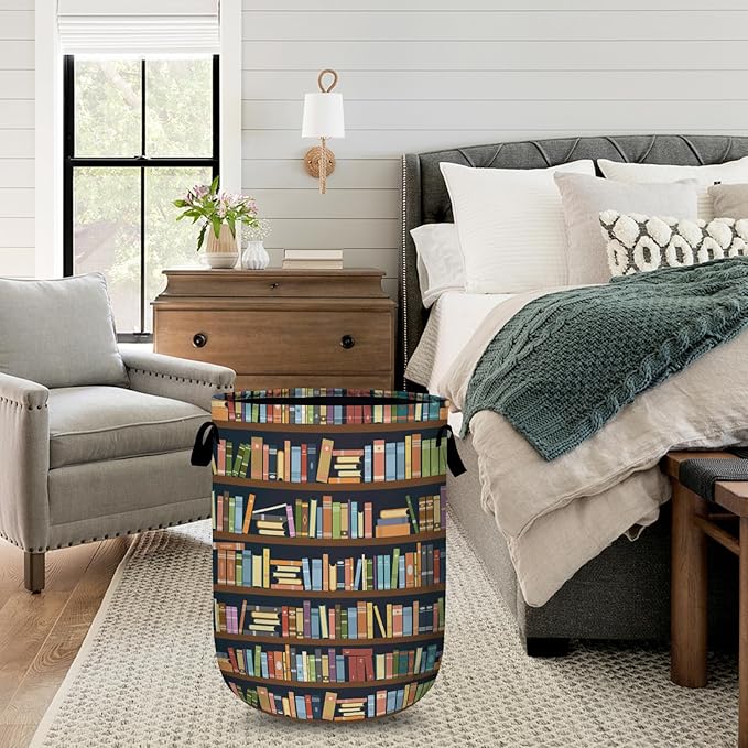 Bookshelf Laundry Basket with Sturdy Handles, Books Collapsible Oxford Cloth Laundry Hamper Organizer Basket for Bathroom Bedroom 15.7x20 Inch