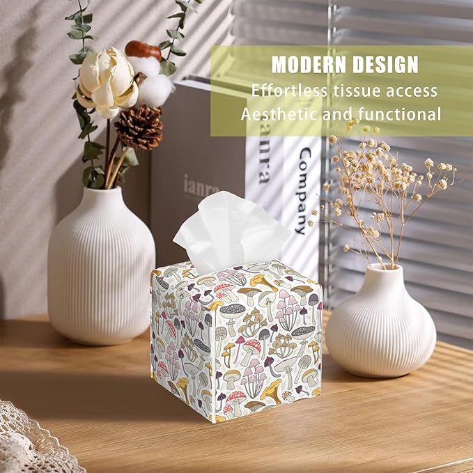 Leather Tissue Box Holder Wild Mushrooms Tissue Box Cover Facial Paper Case Organizer Cube Napkin Dispenser for Bathroom Vanity Countertop Night Stand Office Car