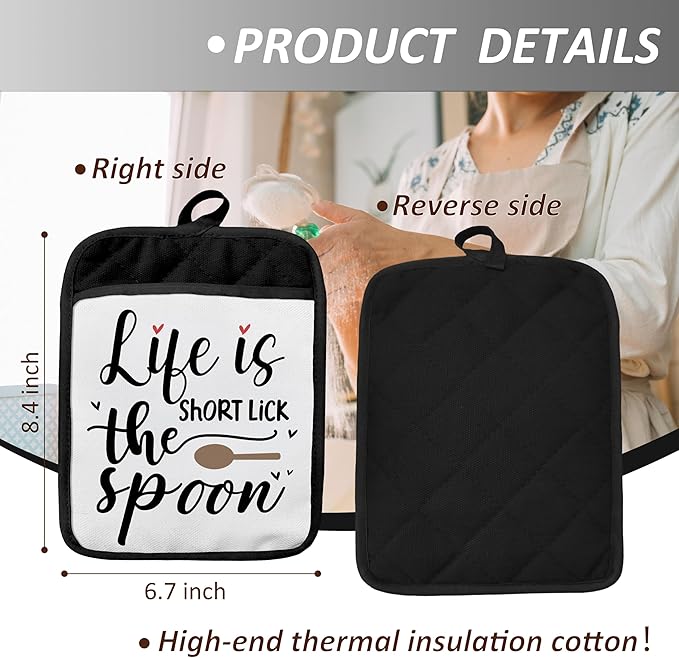 Funny Pot Holders with Pockets, Life is Short Lick The Spoon Funny Kitchen Gifts Pot Holders Heat Resistant Oven Mitts Hot Pads for Kitchen Baking Cooking,Potholders for Kitchens