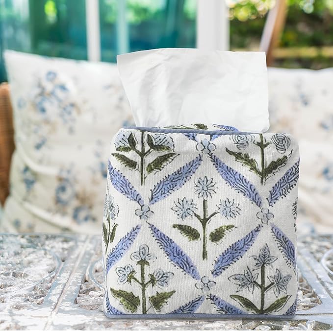 Mimorou Blue Fabric Tissue Box Cover - Floral Print Tissue Box & Decorative Square Napkin Holder Handmade Cotton for Home Bedroom Vanity Countertop Night Stands Office
