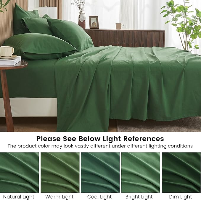 Simple&Opulence Belgian Linen Sheet Set Solid Color - 6 Pieces (1 Flat Sheet & 1 Fitted Sheet & 4 Pillowcases) 16" Deep Pocket Natural Flax Cotton Blended Soft Bedding - Forest Green, California King