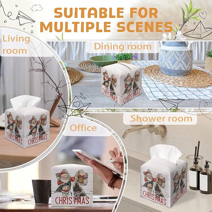 Merry Christmas Tissue Box Holder, Santa Claus Bow Reindeer Snowman Leather Tissue Box Cover Square, Paper Facial Decorative Tissues Cover for Bathroom Kitchen Office Home Decor-B26
