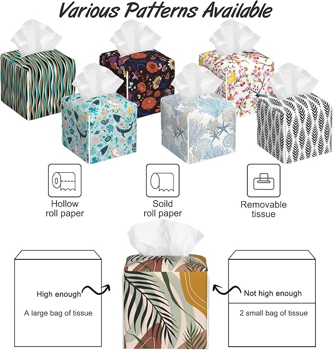 Boho Geometric Art Tissue Box Holder,Cube Tissue Box Cover Holder,Leather Facial Paper Organizer Dispenser Home for Bedroom Night Stands,Kitchen,Office and Car,5.2"×5.2"×5.2"