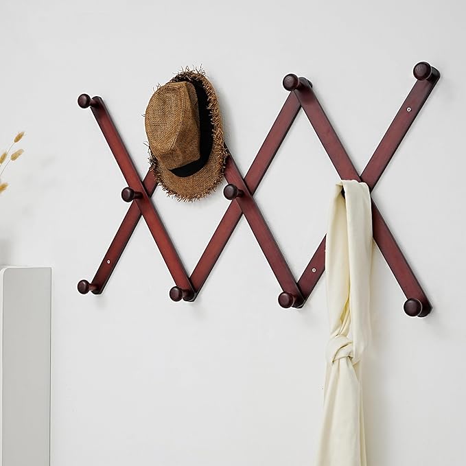 SKOLOO Large Hat Rack for Wall, Wooden Accordion Wall Hanger, Modern, Expandable Coat Hooks, Hat Display Rack for Home, Office, and Studio, 11 Peg, Cherry Red