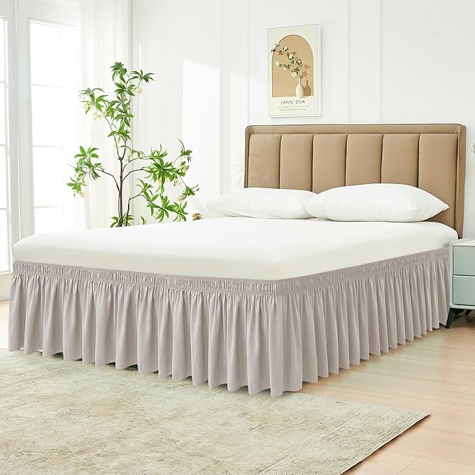 Biscaynebay Wrap Around Bed Skirts for Full & Full XL Beds 15" Drop, Camel Grey Adjustable Elastic Dust Ruffles Easy Fit Wrinkle & Fade Resistant Silky Luxurious Fabric Machine Washable