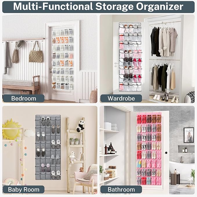 Hualleko 40-Pocket Over the Door Shoe Organizer - Large Mesh Pocket Hanging Shoe Organizer,Behind the Door Shoes Storage Holder Hanger (Pink)