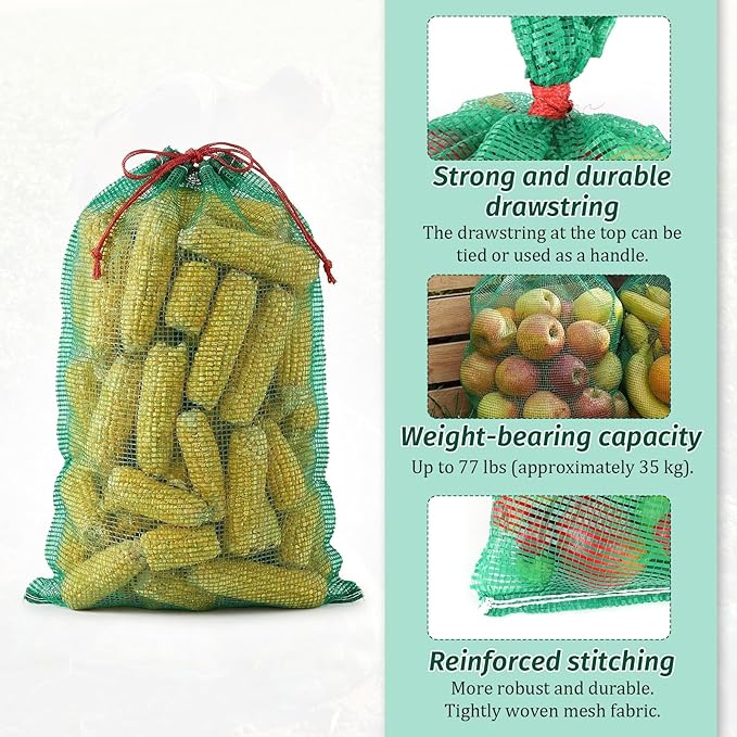 50Pcs Extra Large Mesh Produce Bags 31'' x 20'' Reusable Vegetable Storage Bags Sacks Breathable Drawstring Fresh Produce Storage Bag for Onions, Potatoes, Citrus, Vegetables, Holds up to 50 Lb, Green
