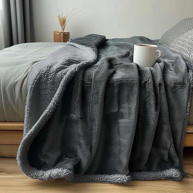 Bedding Aid Waterproof Queen Size Blanket - Sherpa Fleece Reversible Throw, Soft Warm Leak-Proof Bed & Couch Protector for Kids, Pets & Everyday Spills (Charcoal Grey/Silver Grey, Queen 90x90)