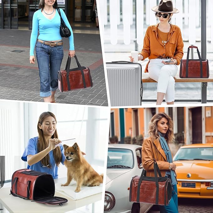 Lasaviin Fashion Leather Dog Carrier Cat Carrier Airline Approved Pet Carrier for Small Medium Dogs Cats Under 15Lbs, Collapsible Soft Sided Travel Puppy Carrier Coffee