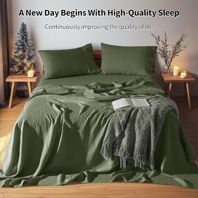 LBRO2M 100% Linen Sheet Set Twin Size,Bed Sheets 3 Piece Sets,Solid Color Natural Flax Bed Sheets Soft Breathable Bedding,16" Deep Pocket,All Season (Twin, Olive Green)