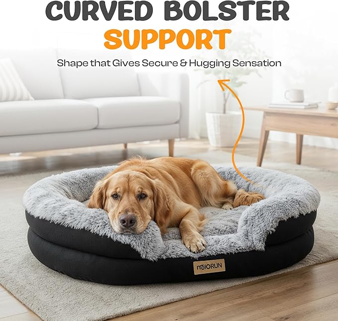 Miorun Fluffy Orthopedic Dog Bed for Extra Large & Jumbo Dogs, Calming Plush Sofa Bed with Curved Bolster Support, 48" Cozy Oval Pet Donut Bed with Washable Cover, Gray