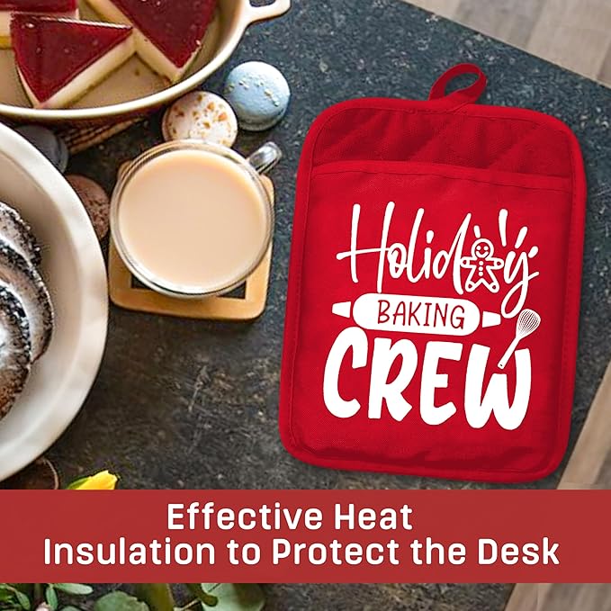 Christmas Holiday Baking Crew Pot Holders with Pockets, Red Christmas Gingerbread Baker Oven Pot Holders Heat Resistant Oven Mitts Hot Pads for Kitchen Baking Cooking