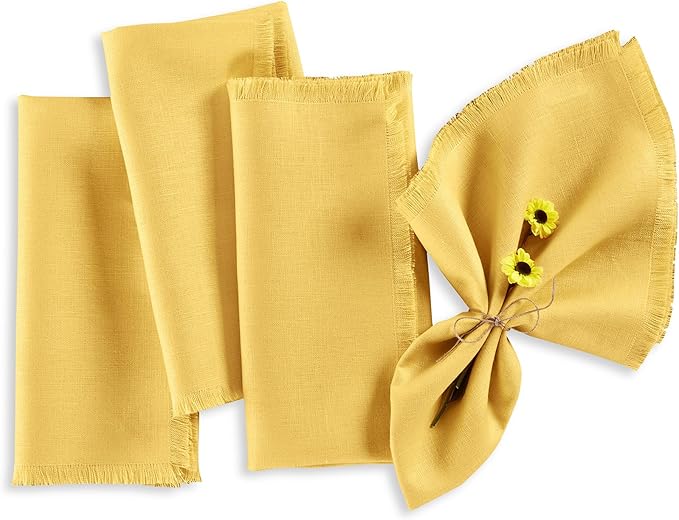Solino Home Fringe Linen Cloth Napkins Set of 4-100% Pure Linen Marigold Yellow Dinner Napkins 20 x 20 Inch for Spring, Easter - Handcrafted and Machine Washable