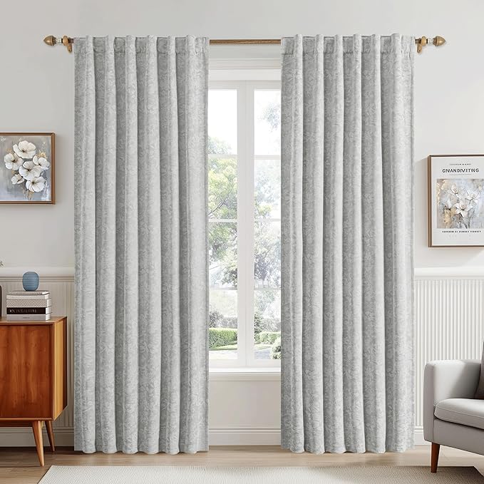 Beauoop Grey Floral Jacquard Blackout Curtains 96 Inches Long 2 Panels for Bedroom Living Room Chenille Flower Room Darkening Thermal Insulated Soundproof Rod Pocket Back Tab Window Drapes, 52x96