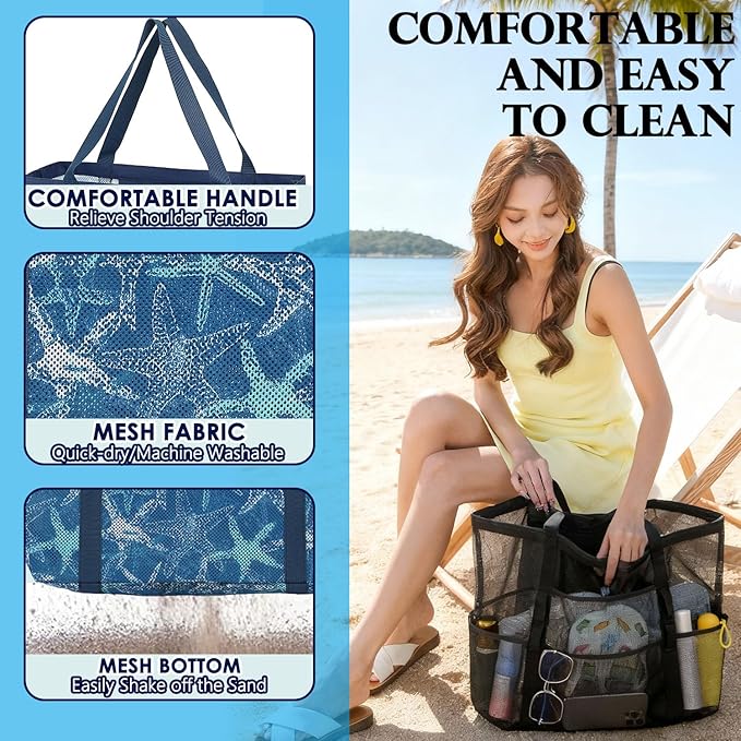 Fammart Mesh Beach Bag, Large Beach Tote with Zipper Pocket for Family Pool Bag for Toys & Vacation Essentials