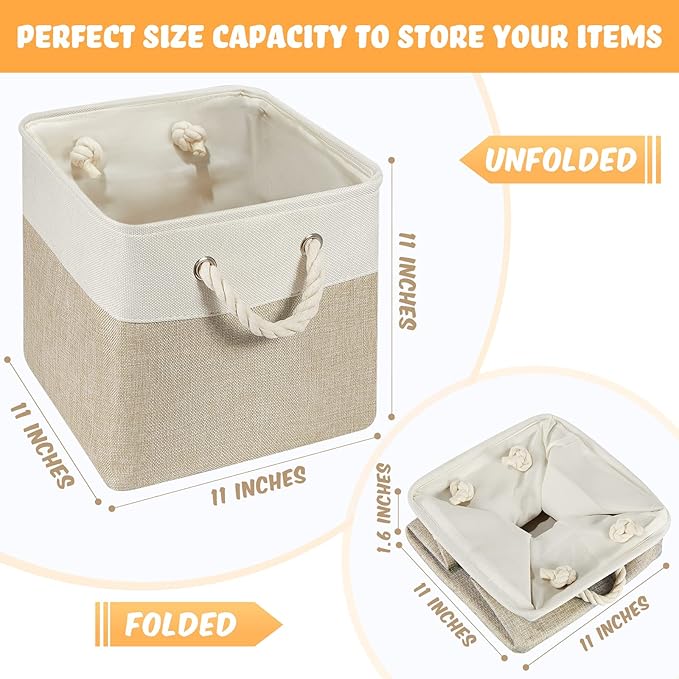 Geiserailie 6 Pcs 11 x 11 Inch Cube Storage Bins Fabric Storage Organizer Bins Foldable Cube Baskets with Sturdy Carry Handles Wicker Baskets for Home (White,Light Brown)