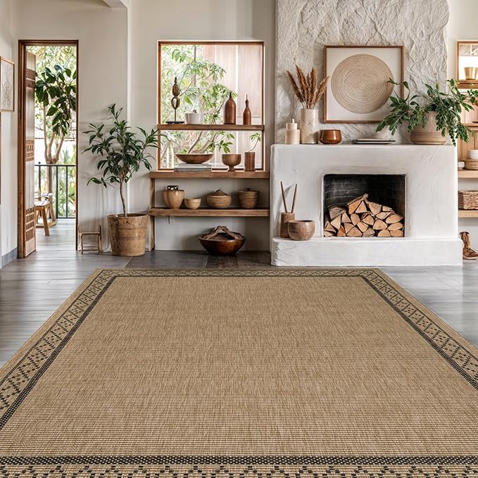Easy Jute Rugs 9x12 Frame Natural Color Living Room Indoor Outdoor Area Rug for Patio and Kitchen Rug High Traffic Washable Easy to Clean Solid Boho Woven Design Carpet (9 x 12)