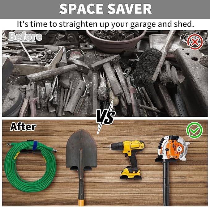 Upgraded Trimmer Rack Wall Mount - 8" Heavy Duty Weed Eater Hanger for Garage Wall Bracket, Garden Power Tool Holder Organizer Hooks for Grass Trimmer, Hedge Trimmer, Leaf Blower and Chainsaw, Black3