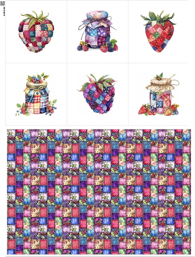 Patchwork Berry Jar Cotton Fabric Panel – 6 Designs (10×10 inch Each) + Bonus Sheet 29.5×19.6 inch, 100% Cotton 140 GSM, Made in Türkiye