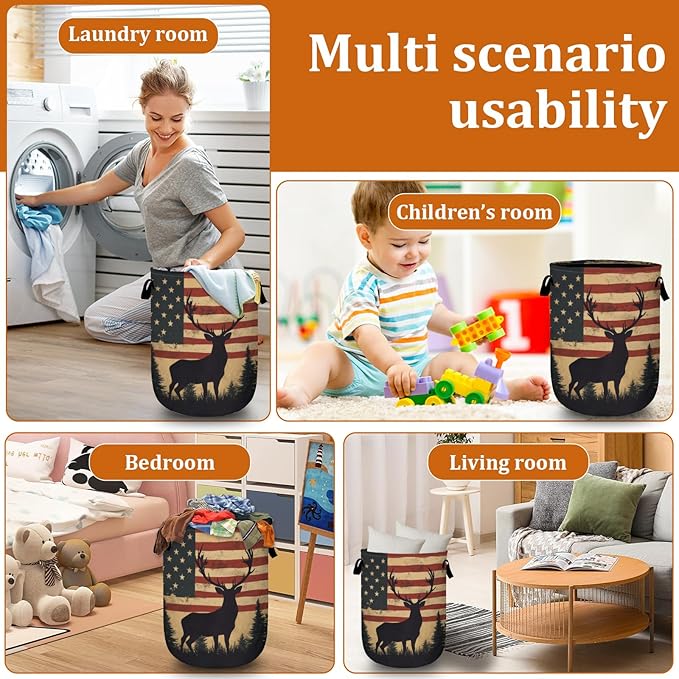 American Flag Deer Laundry Basket with Sturdy Handles, Memorial Day Patriotic Collapsible Oxford Cloth Laundry Hamper Organizer Basket for Bathroom Bedroom 15.7x20 Inch