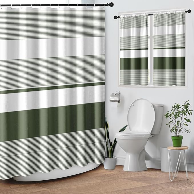 Culudea Striped Modern Boho Waffle Textured Cloth Shower Curtain Set, Sage Green White Horizontal Stripe Bathroom Window Waterproof Shower Curtains for Bathroom Decor