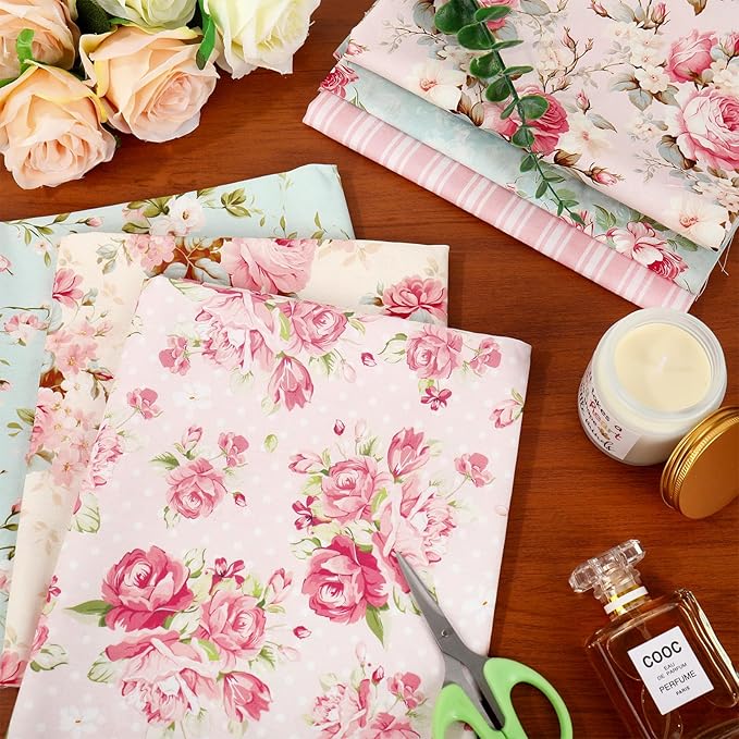JarThenaAMCS 12Pcs Vintage Spring Cotton Fabric Bundles 18 x 22 Inch Pink Mint Green Roses Plaid Fat Quarters Floral Sewing Fabrics for DIY Craft Party Decor