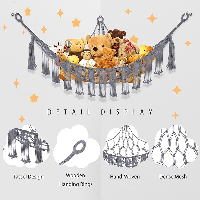 CERETIA Stuffed Animal Hammock with LED Light, Large Stuffed Animals Storage Corner Plushie Net for Kids Room Decor, Jumbo Grey