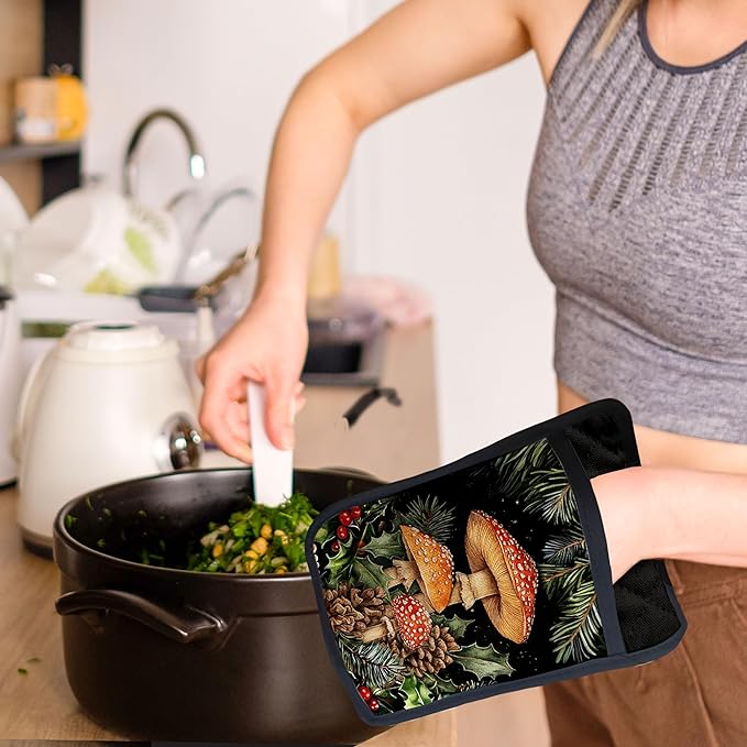 Dark Cottagecore Mushroom Pot Holders with Pockets, Vintage Botanical Floral Forest Mushroom Cottage Core Oven Pot Holders Heat Resistant Oven Mitts Hot Pads for Kitchen Baking Cooking