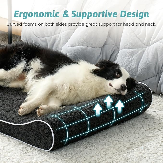 COZY KISS Orthopedic Dog Bed for Large Dogs up to 90 lbs - Removable Washable Cover with Waterproof Lining & Non-Skid Bottom, Cotton-Polyester Blend Boat-Shaped Lounger Mattress, L(45x30x6in), Black