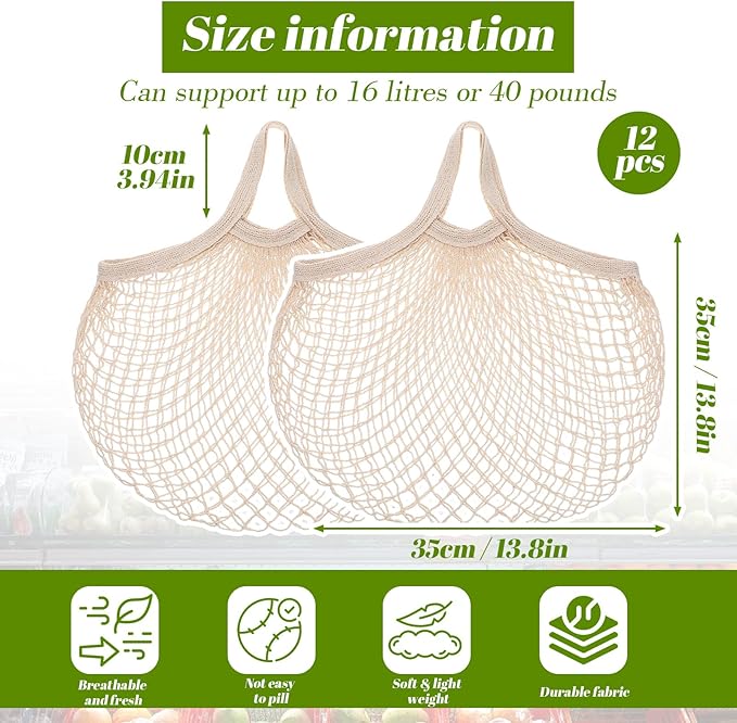xozeooeu 12 Pcs Reusable Cotton Mesh Produce Bags, Beige Washable Grocery Net Bags Tote Organizer with Handles for Fruits, Vegetables, and Shopping