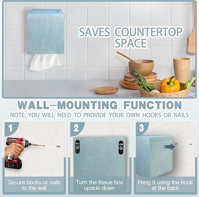 Tissue Box Cover Square, Blue Wooden Tissue Box Holder with Slide-Out Bottom, Decorative Cube Wall Mounted Tissue Holder for Desktop Nightstand Bathroom Office, Modern Farmhouse Home Decor