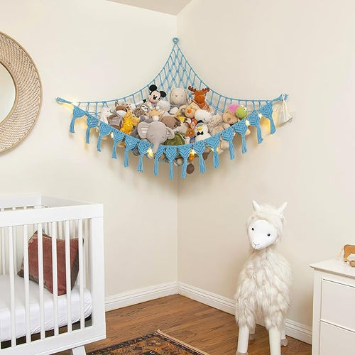 Abby Baby Extra Large Stuffed Animal Storage Hammock Corner with LED Lights – 25LB Capacity Hanging Toy Net for Small or Large Plushies, Boho Macrame Squishmallow, Plush Net, Blue