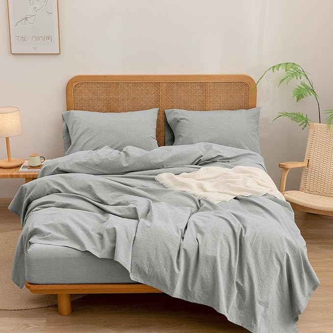 BESTOUCH Sheet Set 100% Washed Cotton Linen Feel Super Soft Comfortable Chic Lightweight 4 Pcs Home Bedding Set Solid Light Grey Cal King