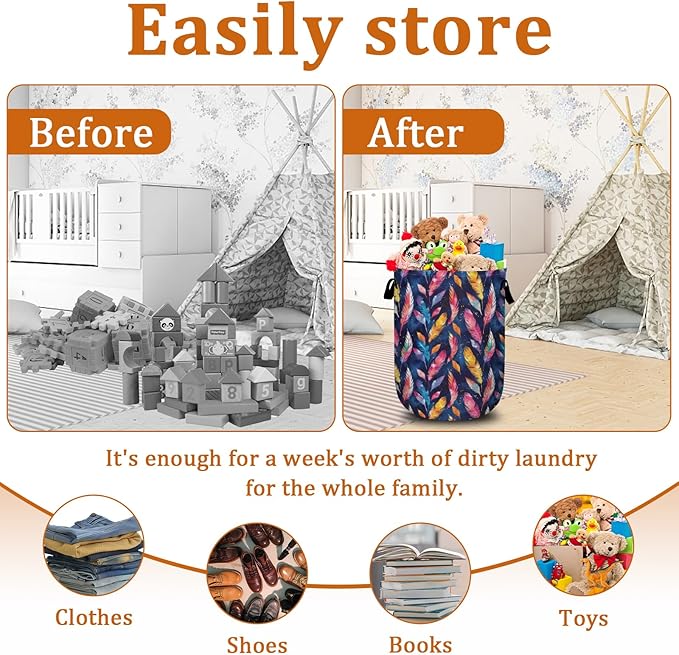 Colorful Feather Laundry Basket with Sturdy Handles, Collapsible Oxford Cloth Laundry Hamper Organizer Basket for Bathroom Bedroom 15.7x20 Inch