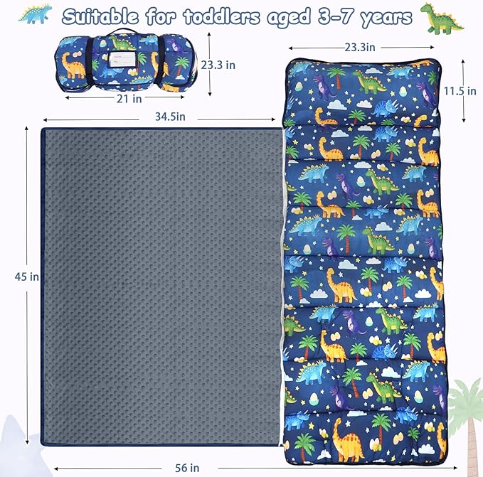 Hooyax Toddler Nap Mat with Pillow & Blanket - Extra Large Size for Toddlers Age 3-7 | Portable Kids Sleeping Bag for Daycare, Preschool, Travel | Roll Up Design for Kids