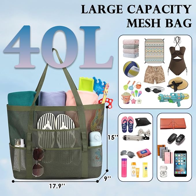Fammart Mesh Beach Bag, Large Beach Tote with Zipper Pocket for Family Pool Bag for Toys & Vacation Essentials