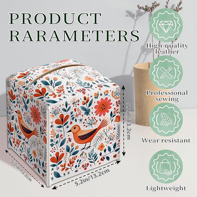 Floral Bird Tissue Box Holder, Scandinavian Leather Tissue Box Cover Square, Paper Napkins Everyday Dispenser for Bathroom Vanity Countertop Night Stands Kitchen Office Car Home Decor