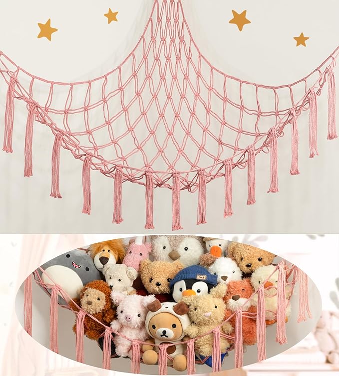 Stuffed Animal Storage Hammock or Net Corner - Large Toy Hammock Net for Stuffed Animals Room Decor - Cute Stuff Animal Organizer Plush Holder - Kids Baby Nursery Essentials Wall Bedroom Home Decor