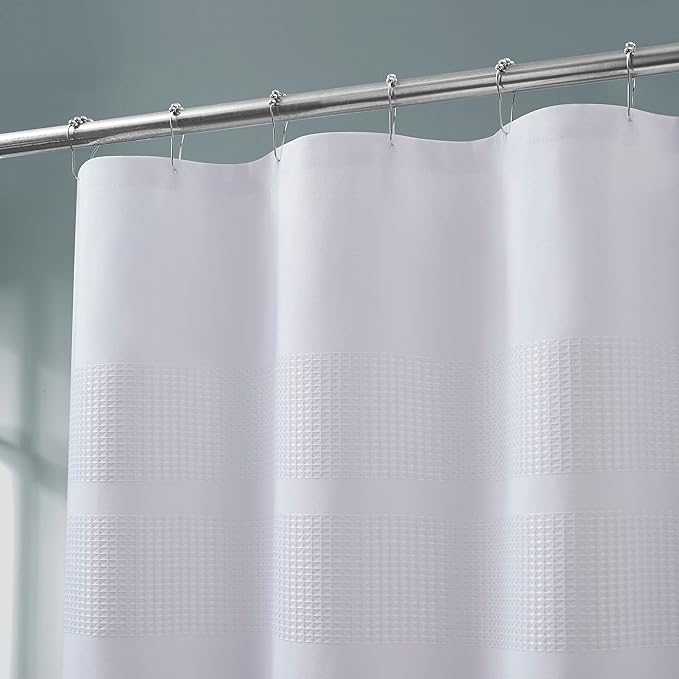 Warm Home Designs White Waffle Shower Curtain with Fabric Stripes 70 x 72 Inches. Striped Shower Curtains for Bathroom. W White 72"